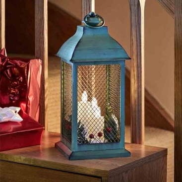 Green Gold Yule Lantern 13x13x31cm Triple LED Candle - Image