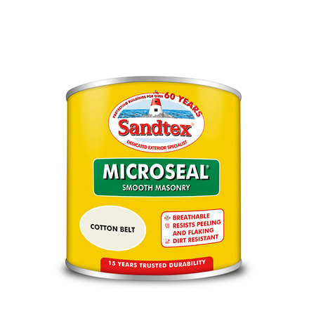 5090669 - Sandtex® Masonry Paint - Microseal® Smooth - 15 Year Weatherproof Exterior Wall Paint - Cotton Belt - 150ml Tester Pot Paint Sample – S8