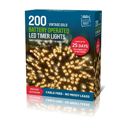 Timer Lights 200 LEDs Battery Operated Vintage Gold - Image