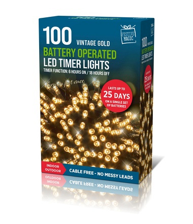 Vintage Gold Timer Lights Battery Operated 100 LED - Image