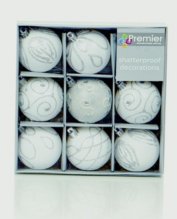 White Decorated Baubles 60mm 9 Pack - Image