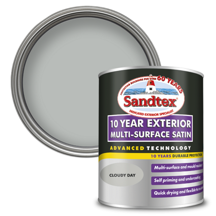 5100990 - Sandtex® 10 Year Exterior Multi-Surface Satin - Cloudy Day - 750ml - P1