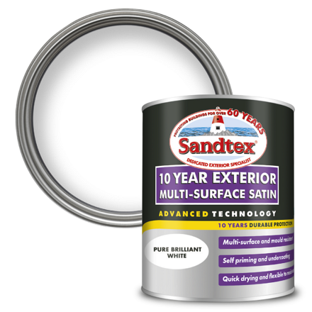 5100987 - Sandtex® 10 Year Exterior Multi-Surface Satin - Pure Brilliant White - 750ml - P1