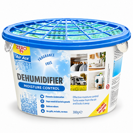 Zero In Air Ace Refillable Dehumidifier 300g fragrance-free moisture absorber with blue ventilated lid, designed to help reduce excess moisture, condensation and musty odours in the home.