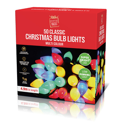 Festive Magic 50 Multicolour Classic Christmas Bulb Lights, 4.9m – Mains Powered Chaser Lights - Image