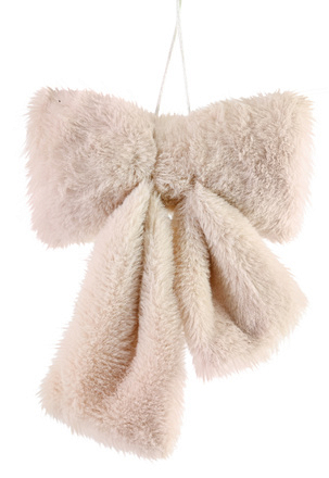 Festive Magic Fluffy Christmas Bow Hanging Decoration in Beige, 17 x 19cm - Image