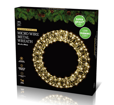 Festive Magic 660 Warm White LED Micro Wire Metal Christmas Wreath, 50cm - Image