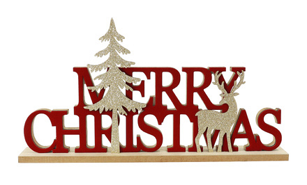 Festive Magic Merry Christmas Wooden Table Decoration with Reindeer & Tree - Image