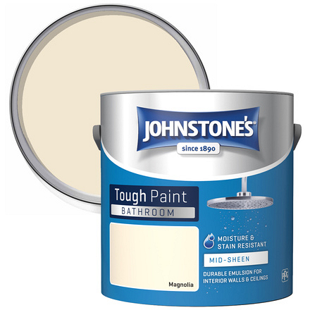 Open can of Johnstone's Bathroom Tough Paint Magnolia Mid Sheen 2.5L
