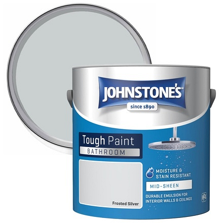 Open can of Johnstone's Bathroom Tough Paint Frosted Silver Mid Sheen 2.5L