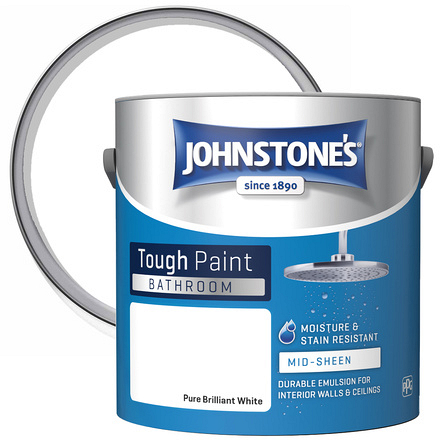 Open can of Johnstone's Bathroom Tough Paint Pure Brilliant White Mid Sheen 2.5L