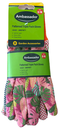 Ambassador Patterned Cotton Gardening Gloves, 3 Pack – Medium - Image