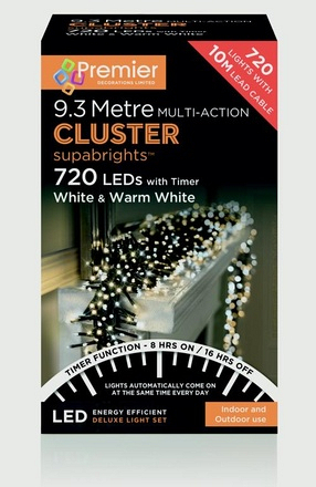 Premier 720 LED White & Warm White Multi-Action Cluster Brights Christmas Lights, 9.3m - Image
