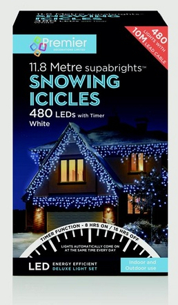 Premier Decorations 480 White LED Snowing Icicle Christmas Lights, 11.8m - Image