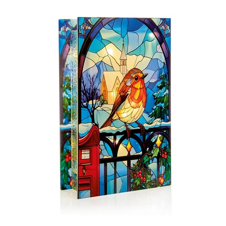Premier Robin on Gate Stained Glass Warm White LED Christmas Decoration, 21cm - Image