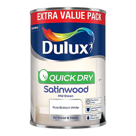 Dulux Quick Dry Satinwood Pure Brilliant White Interior Wood & Metal Paint, 1.25L - Image