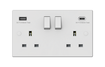 Securlec 2 Gang Switched Socket with USB-A & USB-C, 13A - Image