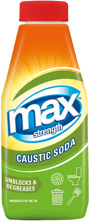 Front view of Max Strength Caustic Soda Granules 500g bottle, a powerful sodium hydroxide drain unblocker and degreaser for tackling blocked sinks and stubborn grease.