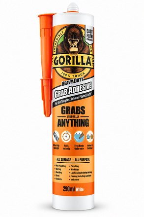 Gorilla Heavy Duty Grab Adhesive White 290ml cartridge with orange applicator nozzle, showing the front product packaging.