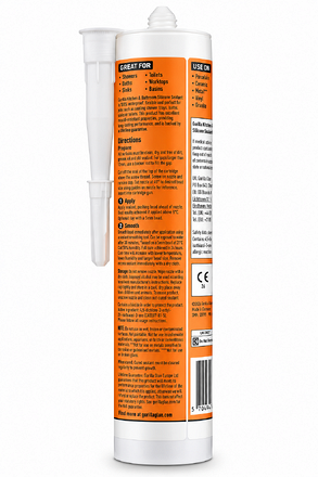 Rear view of Gorilla Kitchen & Bathroom Silicone Sealant White 295ml, showing application instructions, suitable surfaces, drying times, safety information and white applicator nozzle.