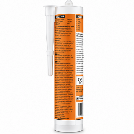Back view of Gorilla Window & Door Frame Silicone Sealant White 295ml cartridge showing suitable applications, usage instructions, safety information and barcode.