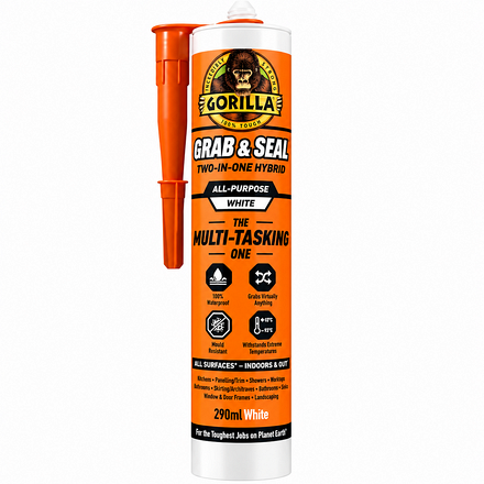 Gorilla Grab & Seal White 290ml waterproof grab adhesive and sealant, showing the front of the orange cartridge with its applicator nozzle and mould-resistant, all-purpose formula.