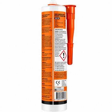 Rear view of Gorilla Grab & Seal White 290ml adhesive and sealant cartridge, showing application instructions, compatible surfaces, safety warnings, product information and orange applicator nozzle.