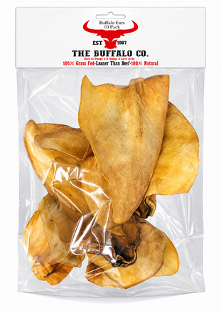 The Buffalo Co. Buffalo Ears Natural Dog Chews 10 Pack, featuring dried buffalo ears in clear packaging with the red Buffalo Co. logo.