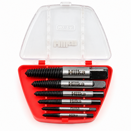 Hilka 6 Piece Screw Extractor Set (37855006) displayed in an open red storage case with a transparent lid, showing six different sizes of heat-treated alloy steel extractors for removing broken and damaged screws and bolts.