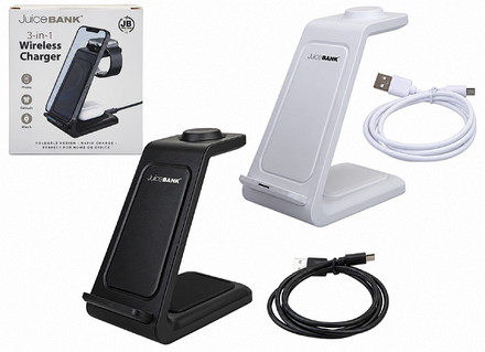 Juice Bank 3-in-1 Wireless Charger in black and white, featuring charging stands for compatible smartphones, wireless earbuds and smartwatches, with USB cables and retail packaging.