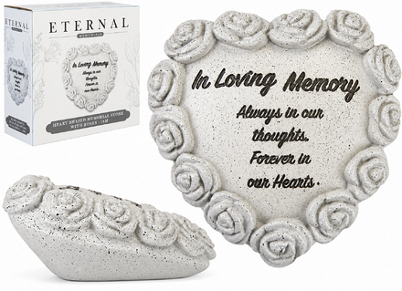 n Loving Memory Heart Shaped Memorial Stone with Rose Detail 14cm - Image