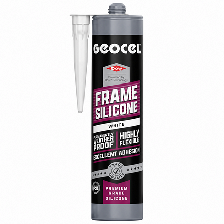 Geocel Frame Silicone Sealant White 300ml cartridge with white application nozzle, featuring permanently weatherproof, highly flexible and excellent adhesion labelling for exterior window and door frames.