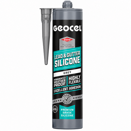 Geocel Lead & Gutter Silicone Sealant Grey 300ml cartridge with grey application nozzle, featuring permanently weatherproof, highly flexible and excellent adhesion labelling.