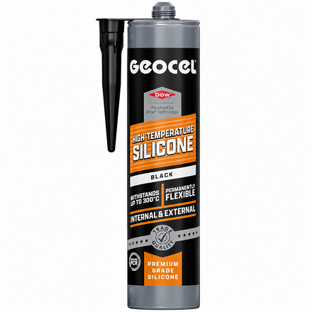 Geocel High Temperature Silicone Sealant Black 300ml cartridge with black application nozzle, featuring heat resistance up to 300°C, permanent flexibility and suitability for internal and external use.