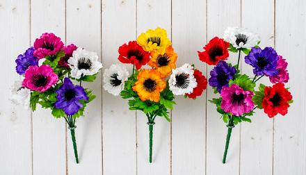 Three assorted artificial anemone flower bushes featuring colourful red, pink, purple, yellow, orange and white blooms with green foliage, ideal for floral and memorial displays.