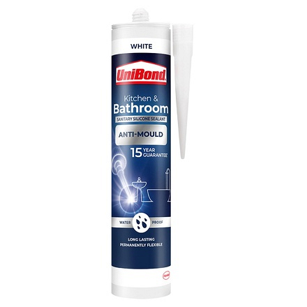 UniBond Kitchen & Bathroom Anti-Mould Silicone Sealant White 274g cartridge, front packaging showing waterproof and mould-resistant features.