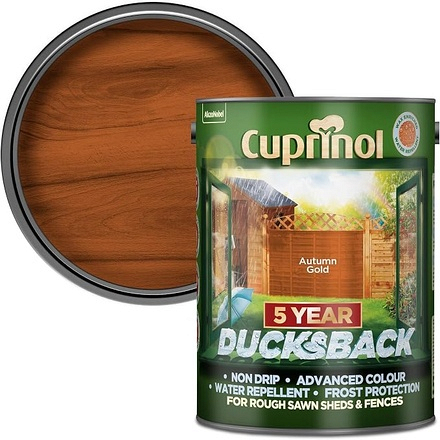 Open tub of Cuprinol 5 Year Ducksback Autumn Gold Fence & Shed Paint 5L showing golden-brown paint