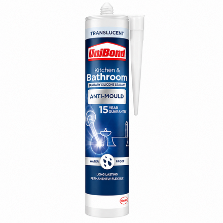 UniBond Kitchen & Bathroom Anti-Mould Silicone Sealant in Translucent Clear, showing the front of the waterproof, permanently flexible sealant cartridge with applicator nozzle.