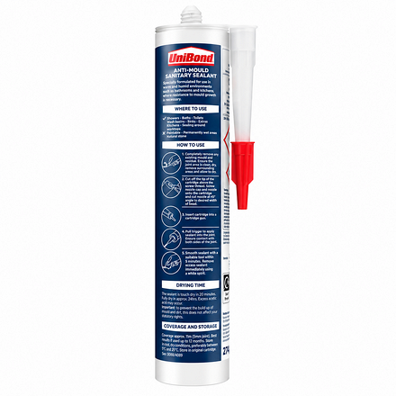 Rear view of UniBond Kitchen & Bathroom Anti-Mould Silicone Sealant in Translucent Clear, showing application instructions, recommended uses, drying information and applicator nozzle.