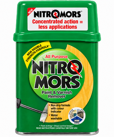 Nitromors All Purpose Paint and Varnish Remover 375ml green container, a non-drip paint stripper for wood, metal and masonry.