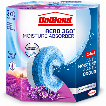 UniBond Aero 360 Lavender Moisture Absorber Refill Tablets, pack of 2, in blue and purple retail packaging with lavender flowers, designed to help control excess moisture and musty odours.