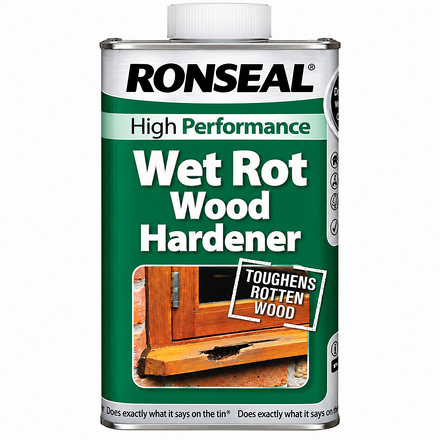 Ronseal High Performance Wet Rot Wood Hardener Clear 250ml tin for strengthening rotten and decayed wood.