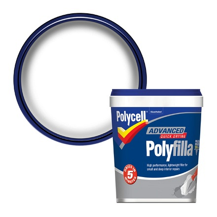 Overhead view of an open tub of Polycell Advanced Polyfilla 600ml showing the white filler inside