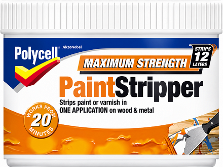 Polycell Maximum Strength Paint Stripper 500ml tub for removing old paint and varnish from wood and metal surfaces.