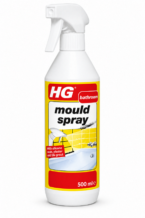 HG Mould Spray 500ml bathroom mould remover in a white trigger spray bottle, suitable for tackling mould on silicone sealant and tile grout.