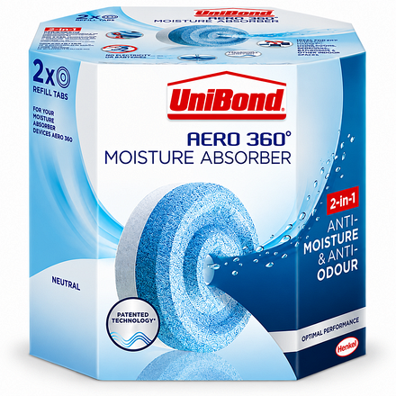 UniBond Aero 360 Moisture Absorber Refill Tablets, pack of 2, in original retail packaging for controlling excess moisture, condensation and musty odours.